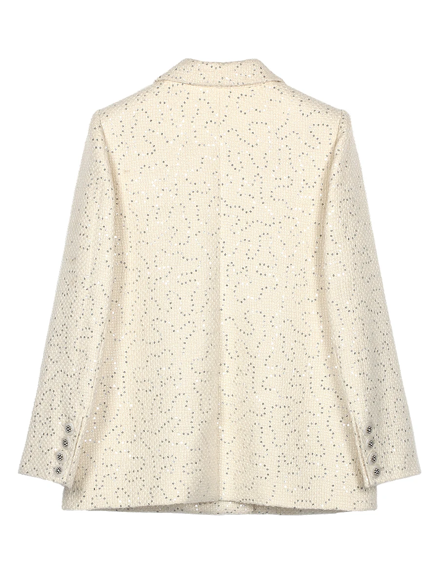 2026 New Spring Autumn White Glitter Tweed Jacket Women Lapel Neck Double Breasted Blazer With Sequins Elegant Streetwear 130069