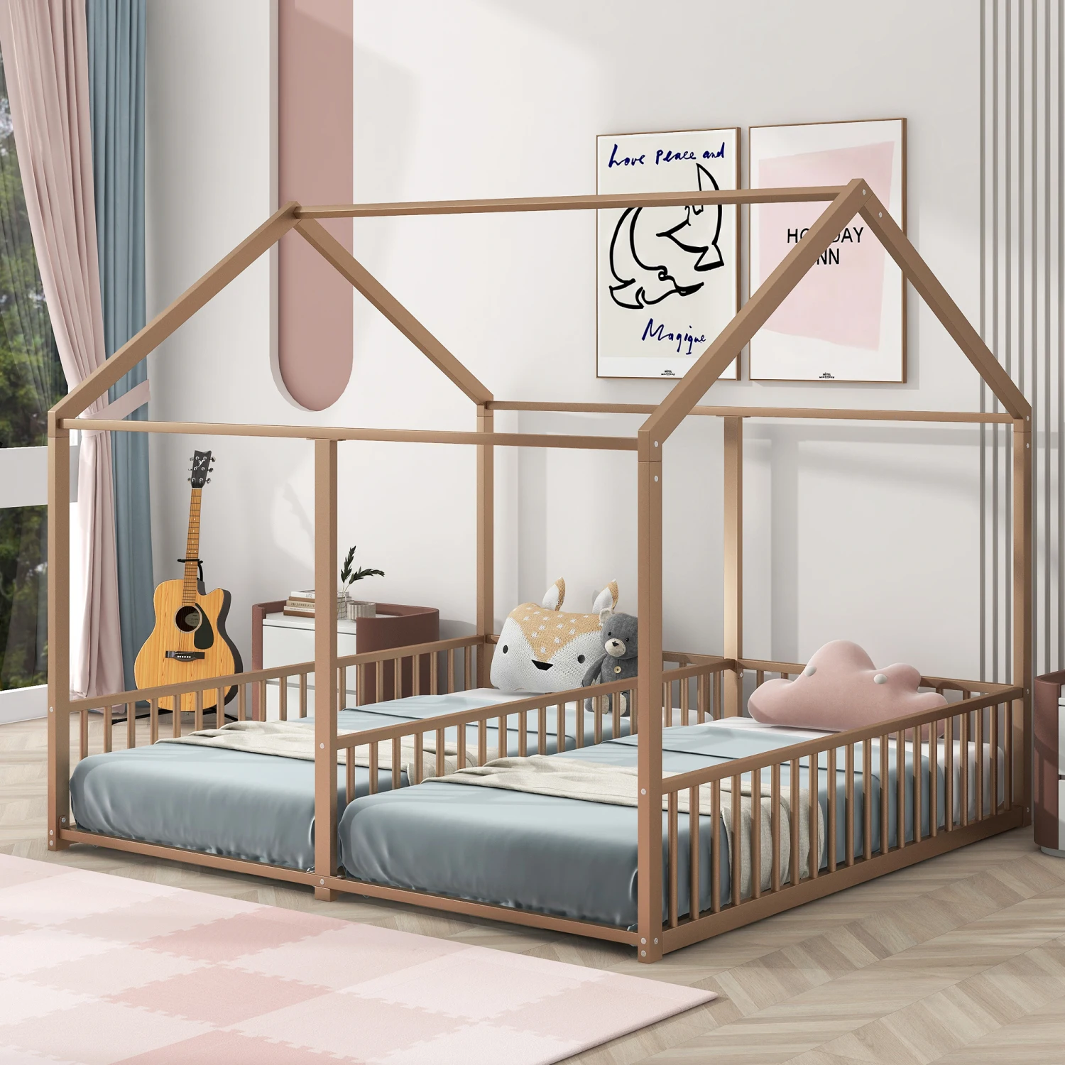 Metal Twin Size House Platform Beds, Gold, Two Shared Beds