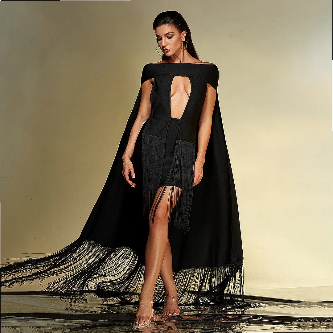 Sexy Backless Jumpsuit Long Cape Evening Dress Black Tassel Fringe Overall Playsuit