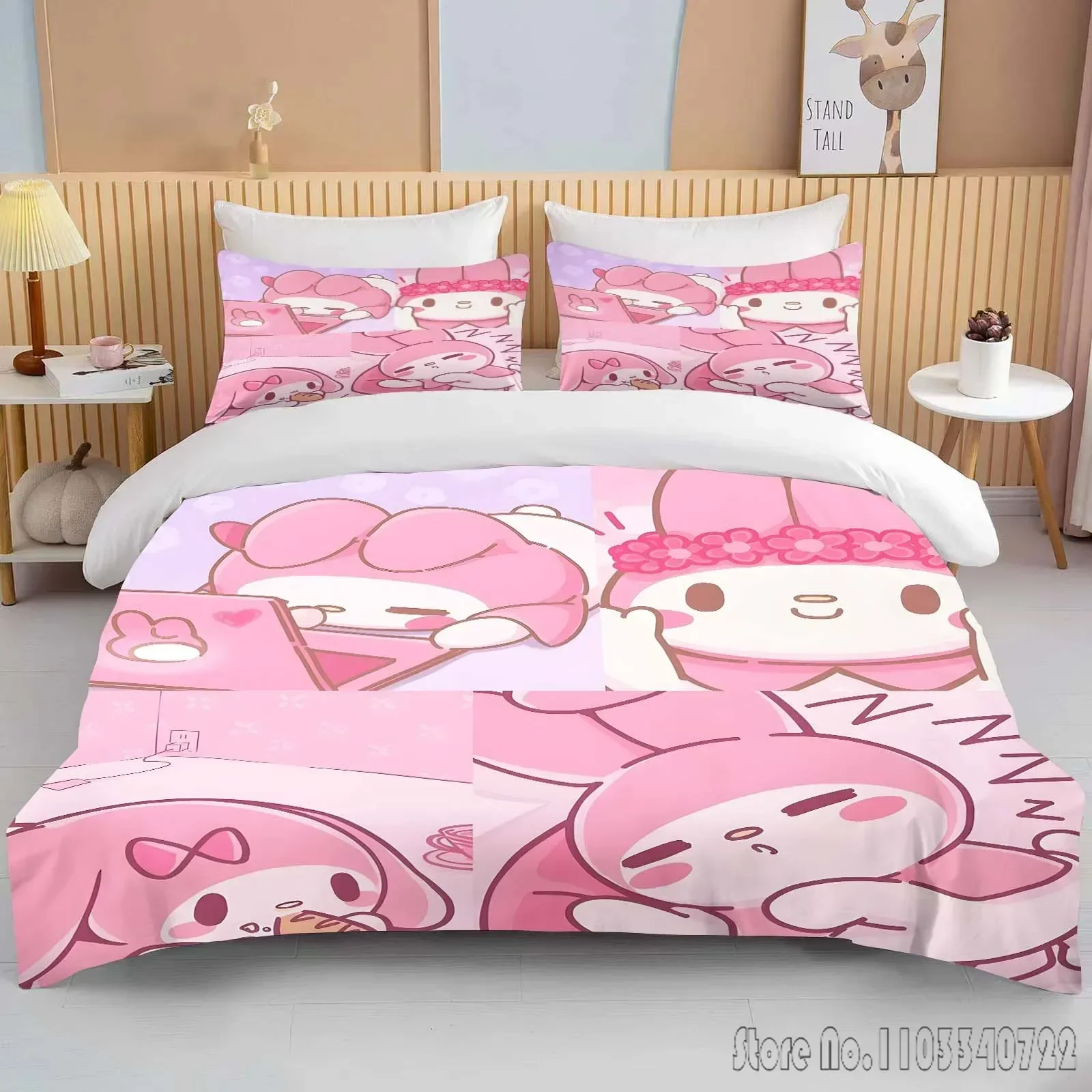 Sanrio Melody Printed Soft Bedding Set Duvet Cover Anime Quilt Adult Kids Birthday Gift Full Size Comforter Bedding Sets