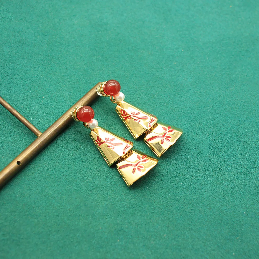Broken Branch Wind Chime Earrings Copper Plated Real Gold Drip Enamel Niche Red Enamel Studs Jewelry Birthday Gifts for Women