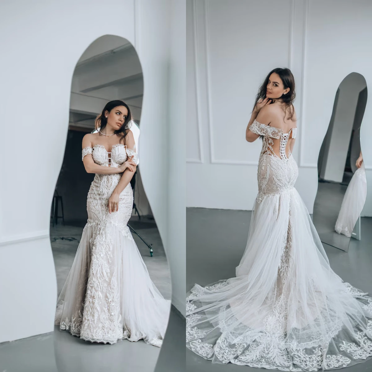 

Элегантные кружевные свадебные платья-русалки для невесты с открытыми плечами, иллюзорной спинкой, корсетом, расшитые бисером и пайетками, блестящие свадебные платья на заказ