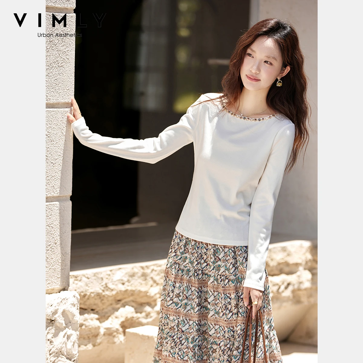 

VIMLY Women's White Long Sleeve T-Shirt Fall 2025 Slash Neck Casual Long Sleeve Tops Knitted Splicing Tees Chemises Femmes A2919