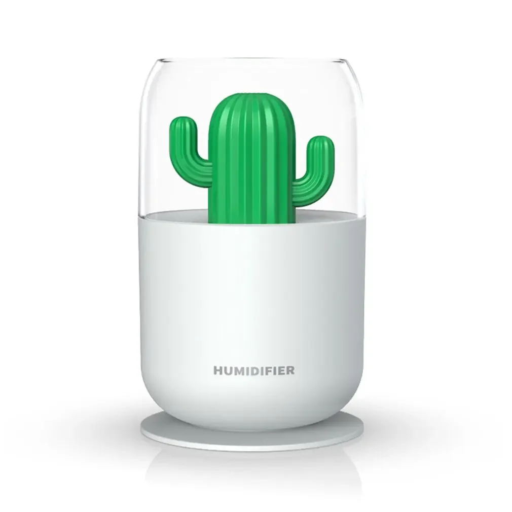 

300ml Mini Cactus Humidifier with Night Light - USB Cool Mist for Bedroom, Office, Car. Silent, Auto Shut-Off.