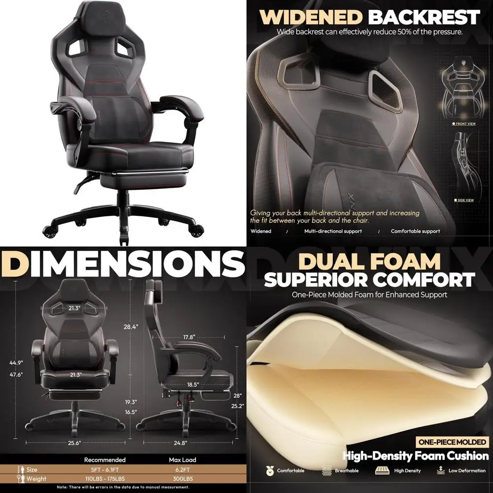 كرسي ألعاب مريح من جلد البولي يوريثان مع مسند للقدمين للكبيرة والطويلة، دعم خلفي واسع للاعبين الثقيلين، أسود
