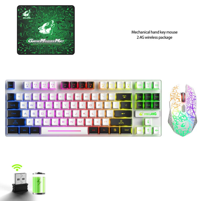 Free Wolf T87 Mechanical Touch Keyboard And Mouse Set Wireless Charging Cool Light Effect Esports Games Typing Office Peripheral