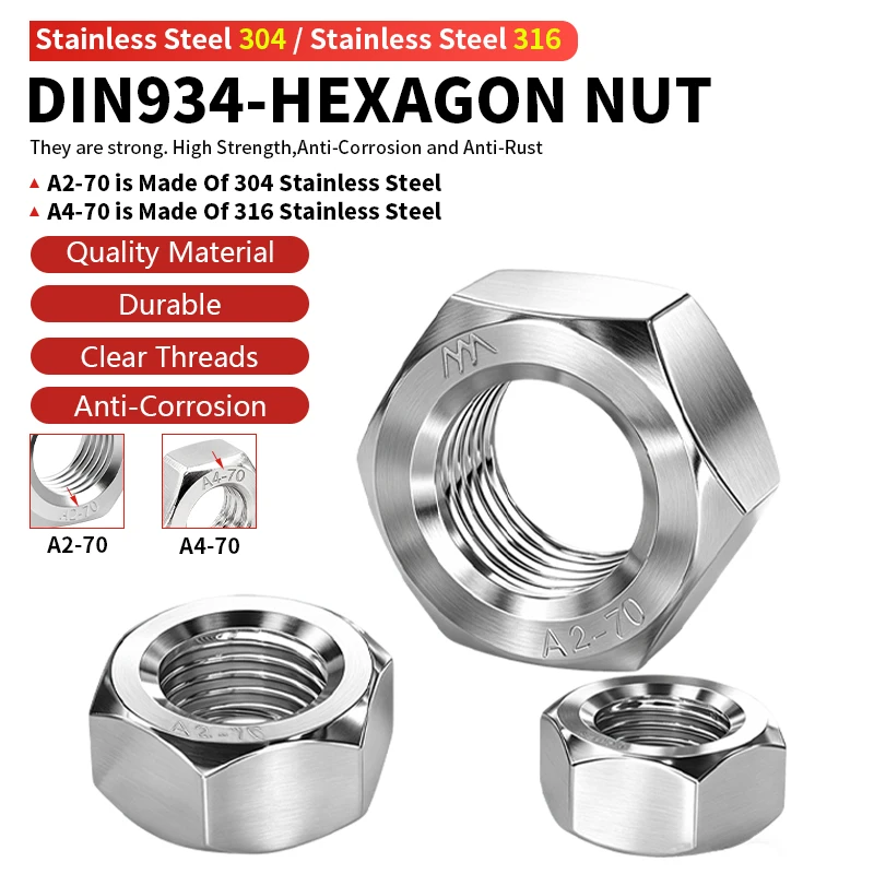 Hex Nuts 304/316 Stainless Steel Hexagon Nuts A2/A4-70 Metric Thread Fasteners M2 M3 M3.5 M4 M5 M6 M8 M10 M12 M14 M18-M30 DIN934