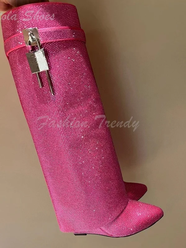 Fuchsia Crystal Red Knee Boots Women Black Leather Metal Buckle Calf Booties Flat Round Toe Silver Diamond Casual Luxury Shoes