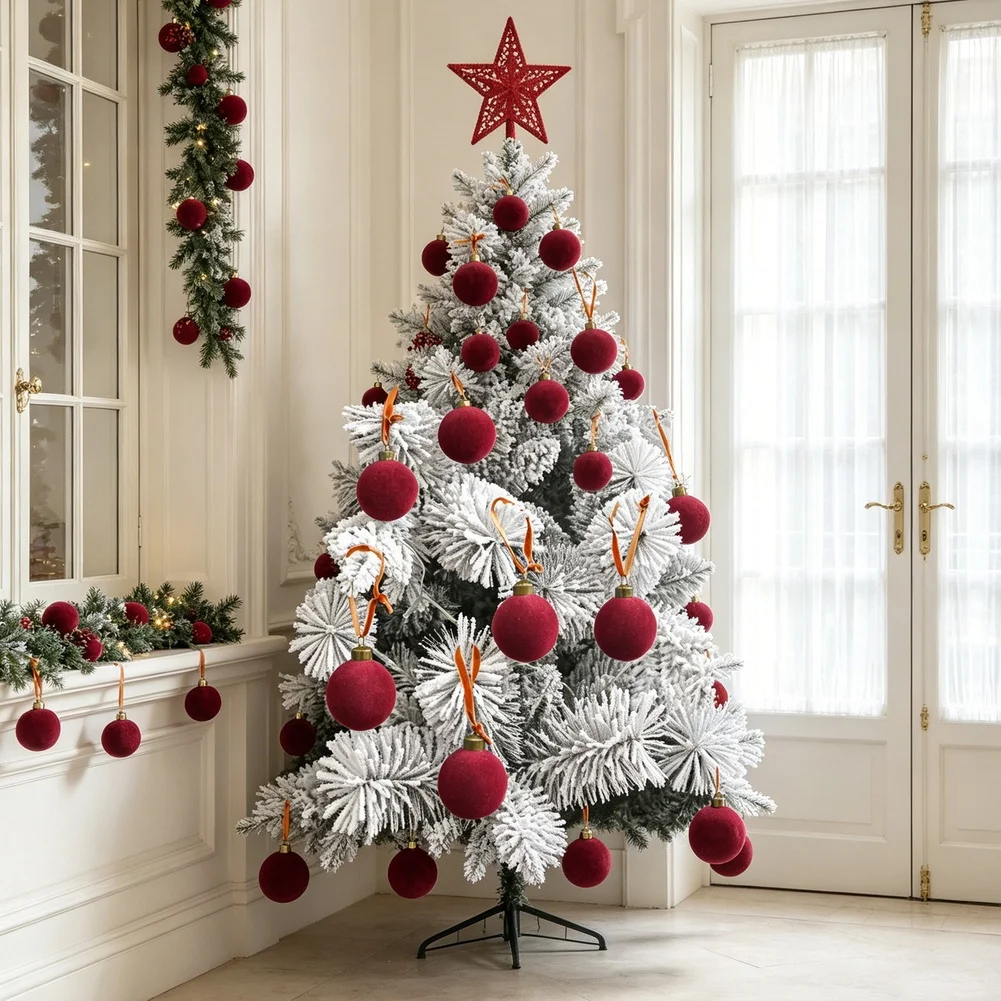 For Velvet Christmas Ornaments Set 9Pcs 8cm Flocked Plastic Balls Elegant Festive Decor Easy Hang Loop For Tree Window Party