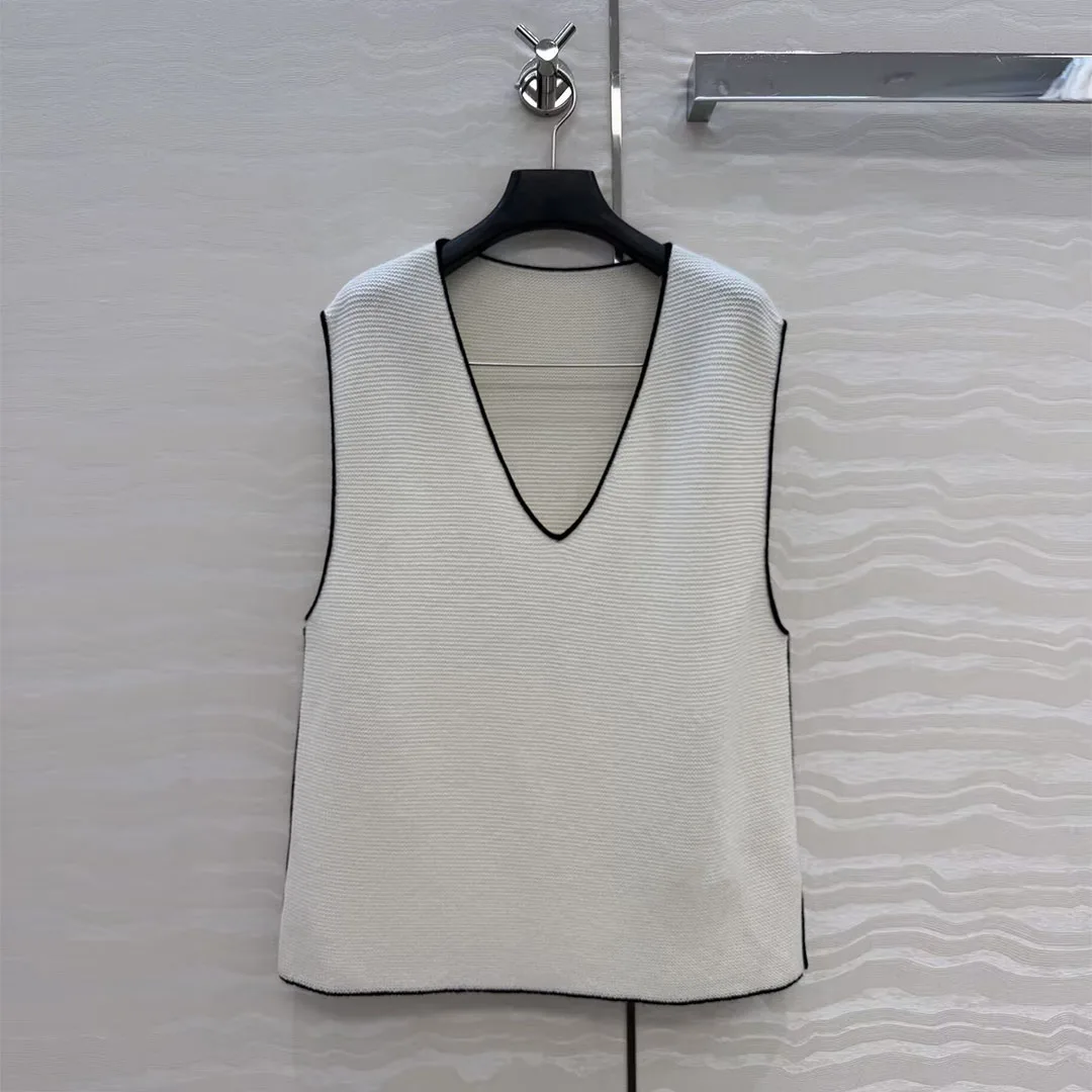

New Summer Fashion Cashmere Knitted Vest Women V-neck Sleeveless Color Blocking Crochet Stripe Design Preppy Style Tank Sweater