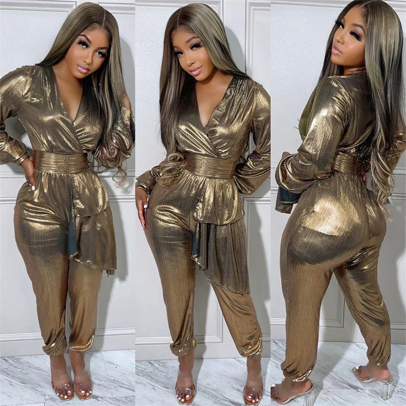 

Chic Metallic Party Jumpsuit Birthday Outfits for Women Nightclub Long Sleeve Romper Sexy V-neck High Waist Jumpsuits Overalls