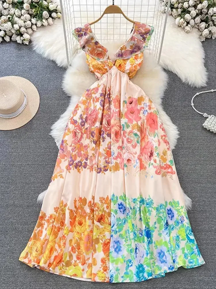 

2024 Summer Colorful Print Floor-length Dress Elegant V-neck Fly-sleeve Halter Loose Vestido Ladies Holiday Beach Goddess Dress