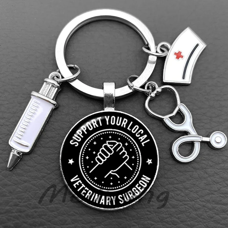 veterinarian keychain pendant Convex glass key chain Stethoscope keyring Nurse Hat key keyholder Jewelry for Pet doctor gift