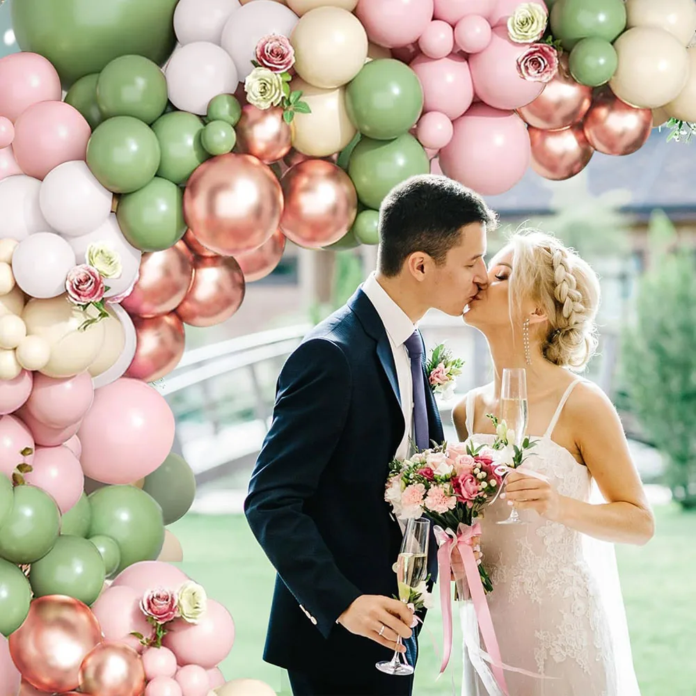 Gray Green Pink Balloon Garland Arch Set, Blush Pink Rose Gold Latex Balloon Olive Green and White Sand Balloon Suitable for Bohemian Birthday Baby