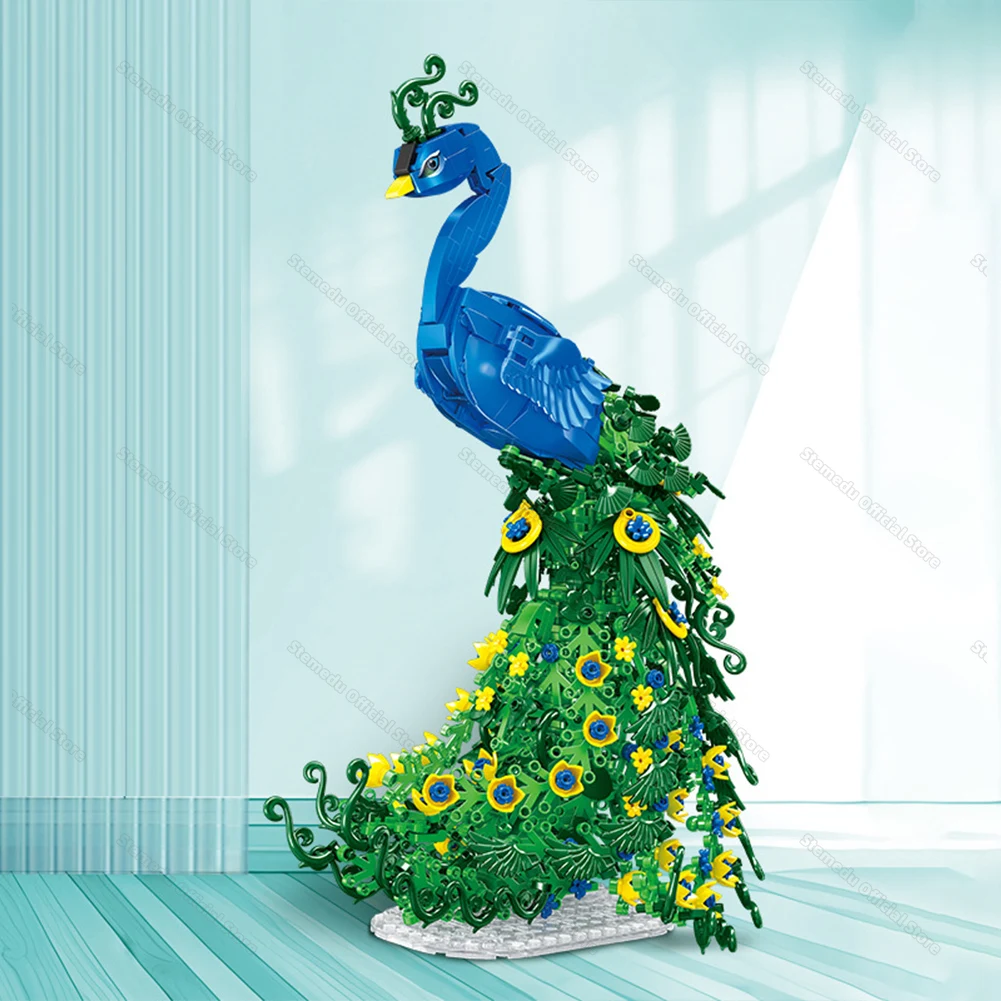 Flowery Peacock Nature Animal Small Particle Assembly Building Blocks Model Sets Ornaments Creative Bird Bricks for Living Room