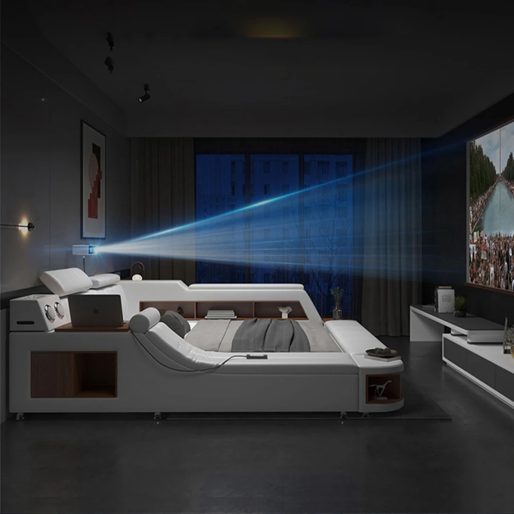 Luxury Tech Smart Ultimate Bed Frame, All In One Bed,Genuine Leather Upholstered Platform Bed with Speaker USB Storage LED Light