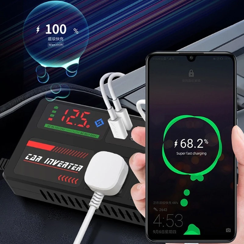Adaptador de corriente portátil para coche, convertidor de CC de 12V/24V a CA de 220V, USB/PD/tipo C, cargadores rápidos para coche, detección de voltaje