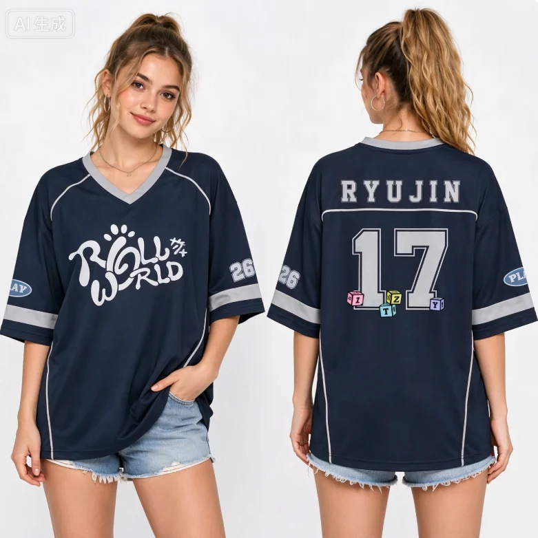 Unisex Kpop Fan Jersey, Roll World Tour MIDZY Print V Neck Short Sleeve Football Tee, Concert Streetwear Tops for Men Women