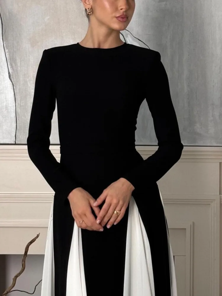 DEAT Elegant Dress Contrast Color Long Sleeve Gauze Patchwork Slim Women\'s Evening Party Dresses 2025 Spring New Fashion 35Z913