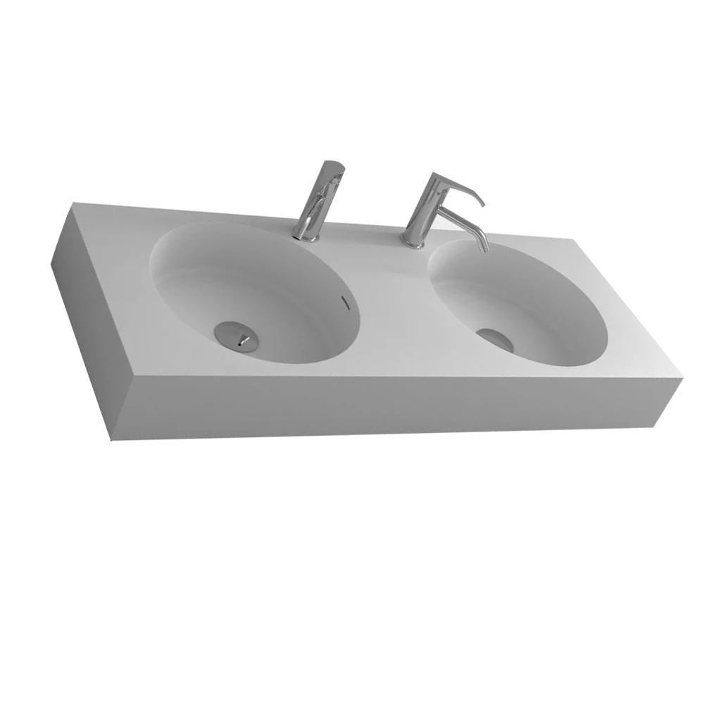 1200mm Bathroom Rectangular Wall Hung Double Vesel Sinks Matt Solid Surface Stone Wash Basin RS38305-1564A