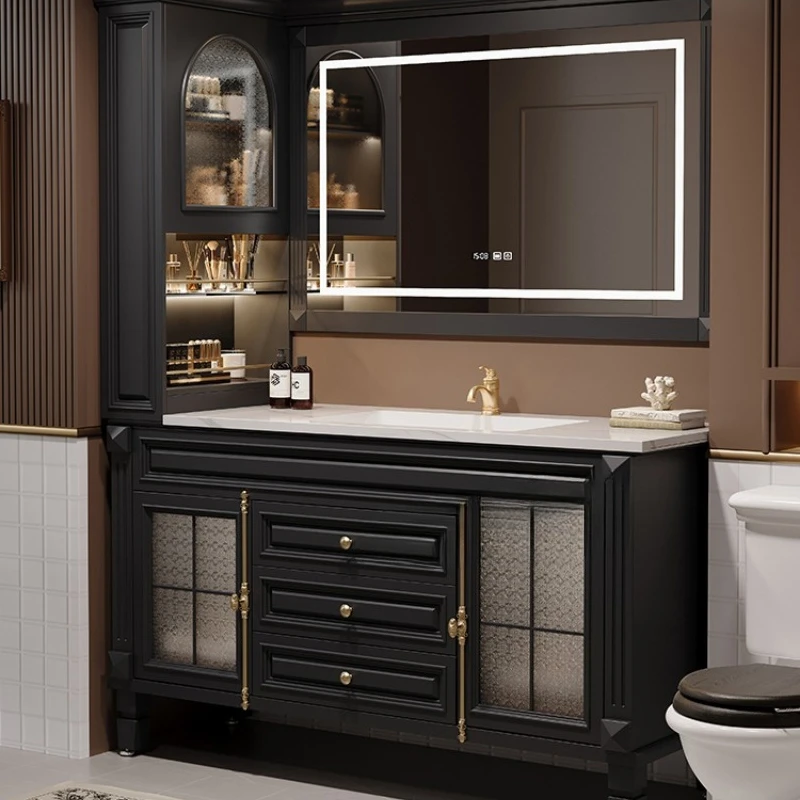 

Комбинация шкафов для ванной комнаты из американского дуба, французский винтажный шифер для ванной комнаты, бесшовная раковина, раковина от пола до пола