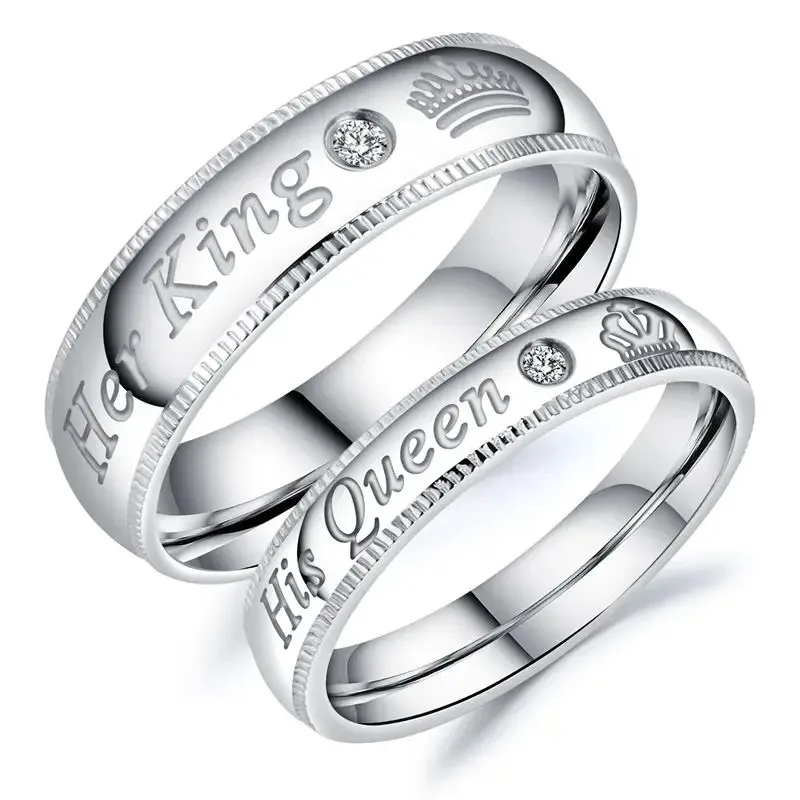 Anillos de acero inoxidable para parejas, anillos de declaración de su Rey, su Reina, anillo de corona de circón, anillo de banda de boda de aniversario romántico, moda