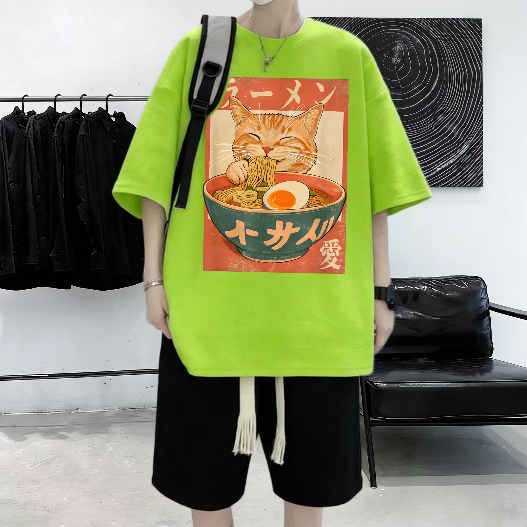 Eating Noodles Will Make Cats Happy Prints Man Summer Basic Cotton T Shirt Comfortable All-Match Short Sleeve Loose Youth Top