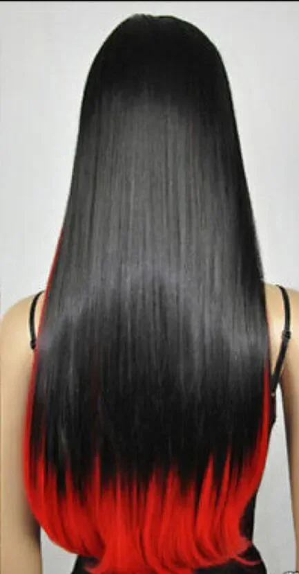 Peluca larga y recta para mujer, pelo completo para fiesta de disfraces, color negro y rojo, envío gratis