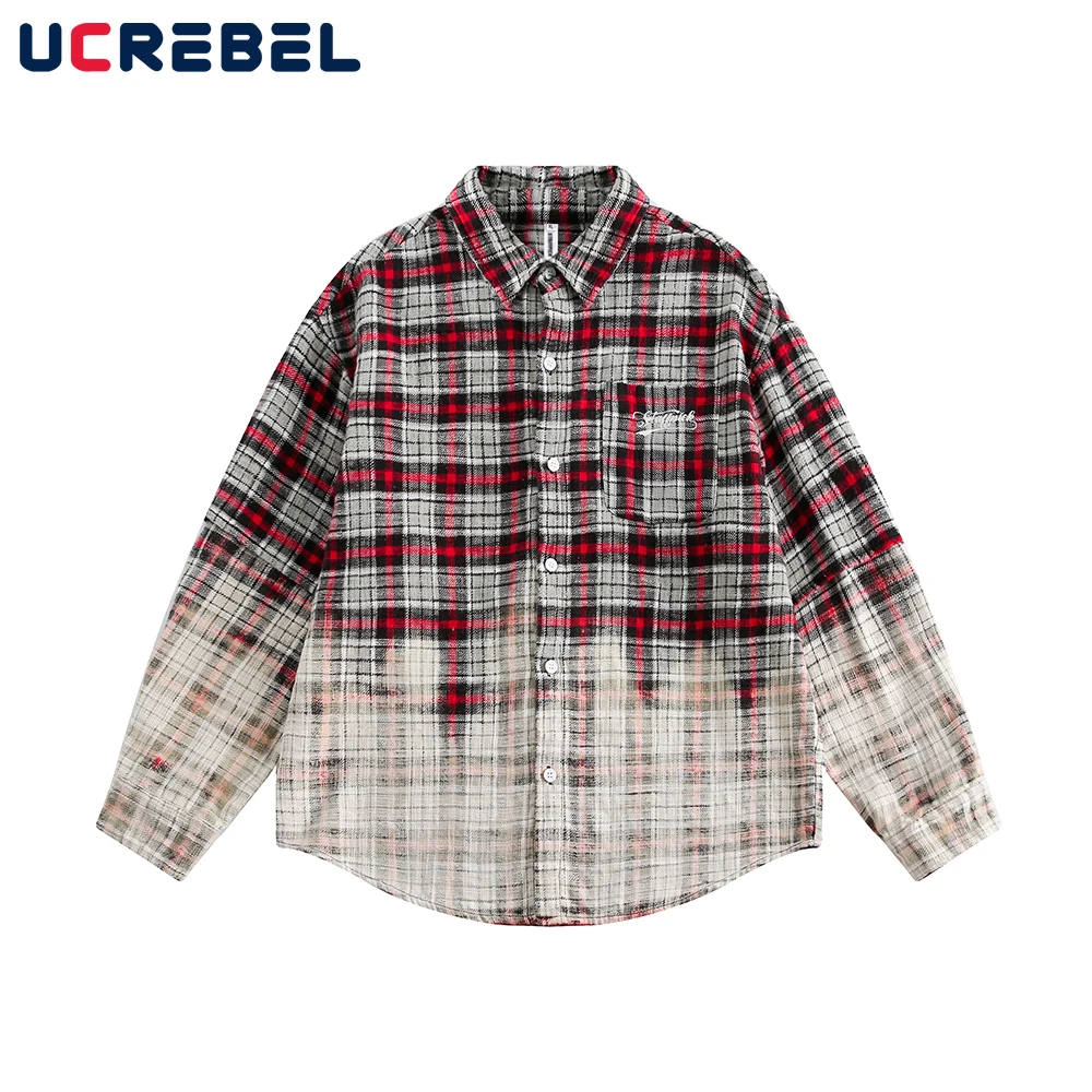 

Gradient Dyed Plaid Long Sleeve Shirts Mens Pocket Embroidery High Street Lapel Single Breasted Shirts Men Cotton Tops