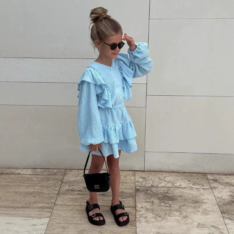 Toddler Girls 2 Pcs Set Ruffle Long Sleeve Button Top Tiered Skirt Set Kids Solid Textured Fabric Casual Spring Summer Clothes