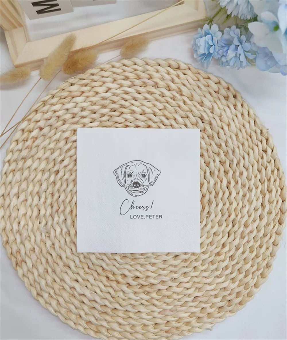 

50 PCS Custom Illustrated Dog Wedding Napkins, Personalized Pet Cocktail Napkins, Cat Wedding Napkins, Dog Cocktail Napkins