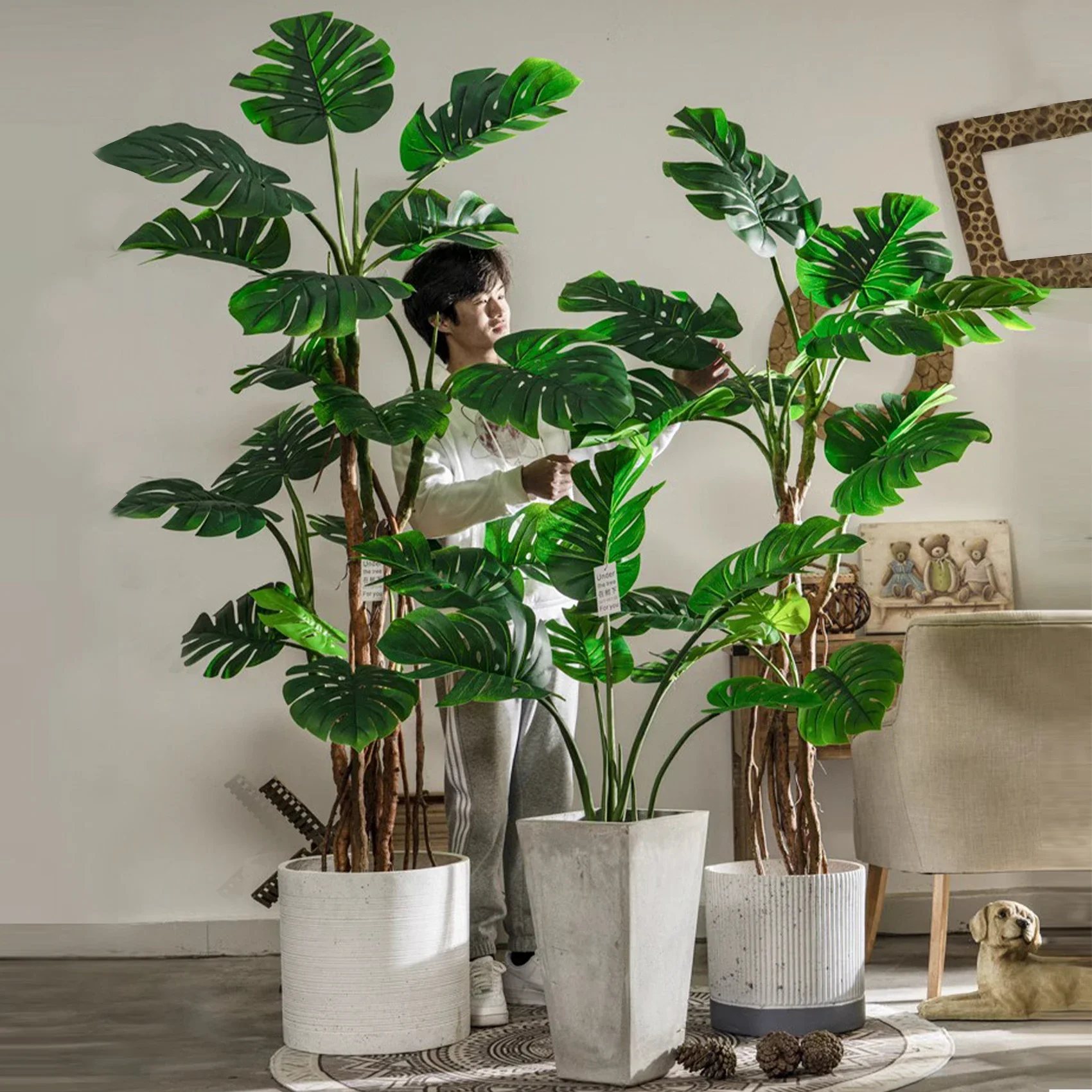 Artificial green monstera living room, large fake tree, bionic plant landscaping, decoration, indoor floor potted ornaments