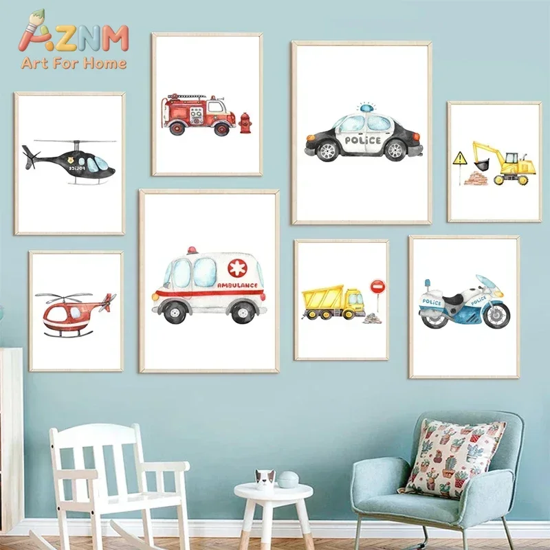 AZNM Watercolor Transport Canvas Wall Art Print Fire Truck Police Car Ambulance Excavator Helicopter Kids Nursery Poster Unframe