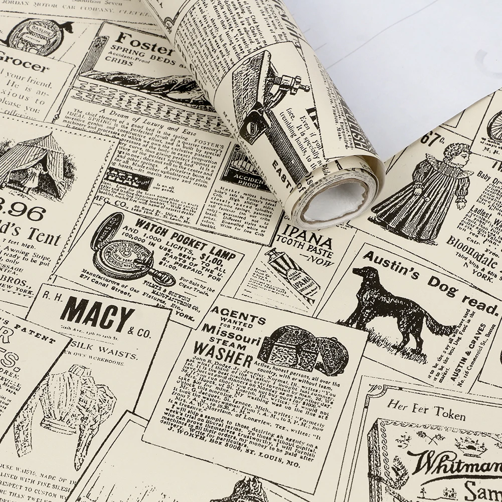 3M Vintage Newspaper Wallpaper Roll Self Adhesive Retro Contact Paper Waterproof Peel and Stick Wall Paper for Dormitory Decor