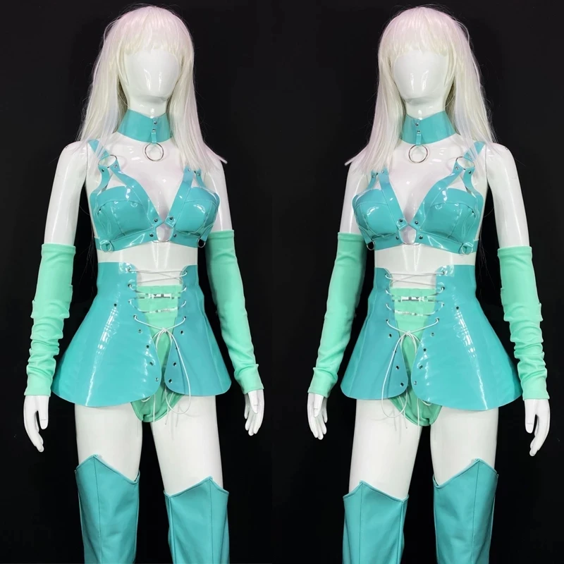 Sexy Show Club Dress Gogo Costume Mint Green Patent Split Bikini Shorts Women Pole Dance costume