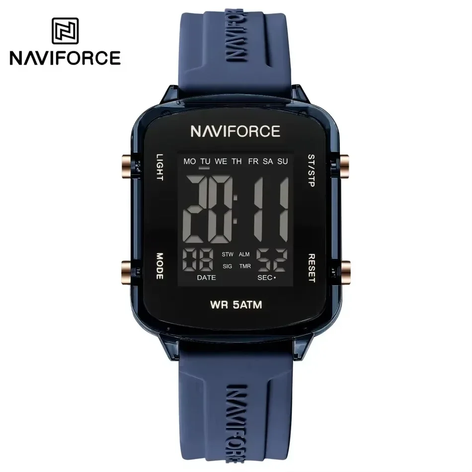 NAVIFORCE NF7120 ساعة رياضية مقاومة للماء للنساء شاشة LCD بحزام سيليكون للسيدات ساعات إلكترونية مربعة بسيطة