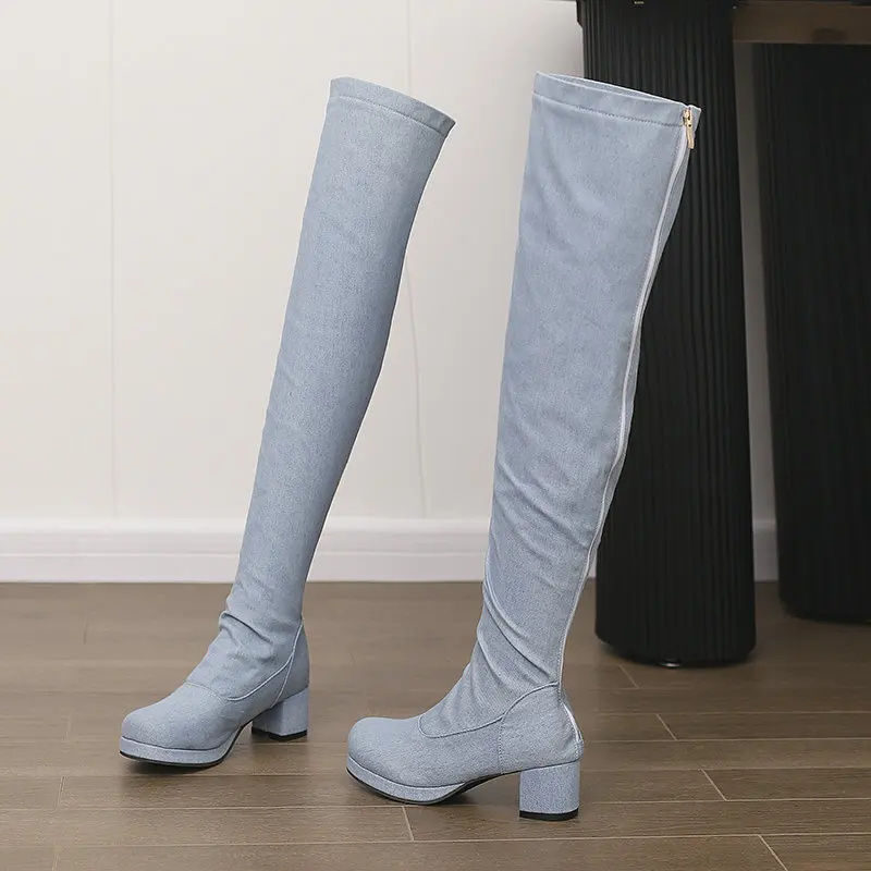 Denim Jeans Blue Black Stretch Overknees Winter Women Shoes Platform Chunky High Heels Long Over-the-knee Thigh Zip Back Boots