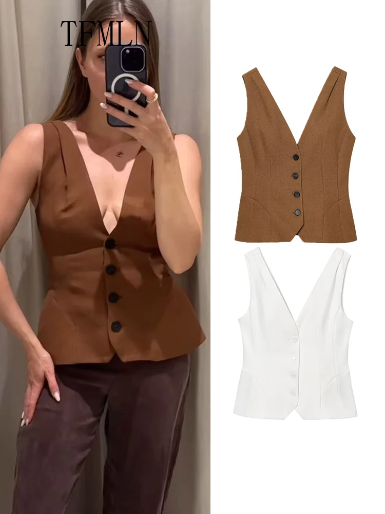 

TFMLN 2025 Summer Women Solid V-neck Vest Top Fashion Chic Causal Single Breasted Folds Camisole Tops High Street Backless Shirt