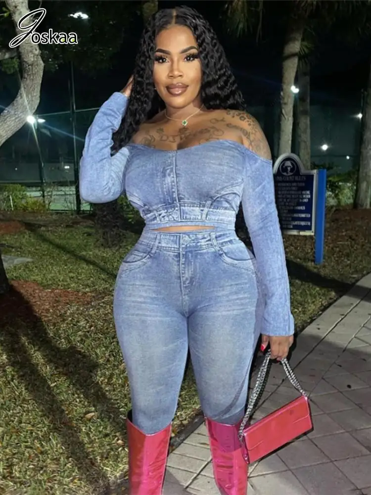 

Костюм спортивный Joskaa женский из двух предметов, пикантная хипстерская футболка с открытыми плечами и длинными рукавами и леггинсы из денима, уличная одежда