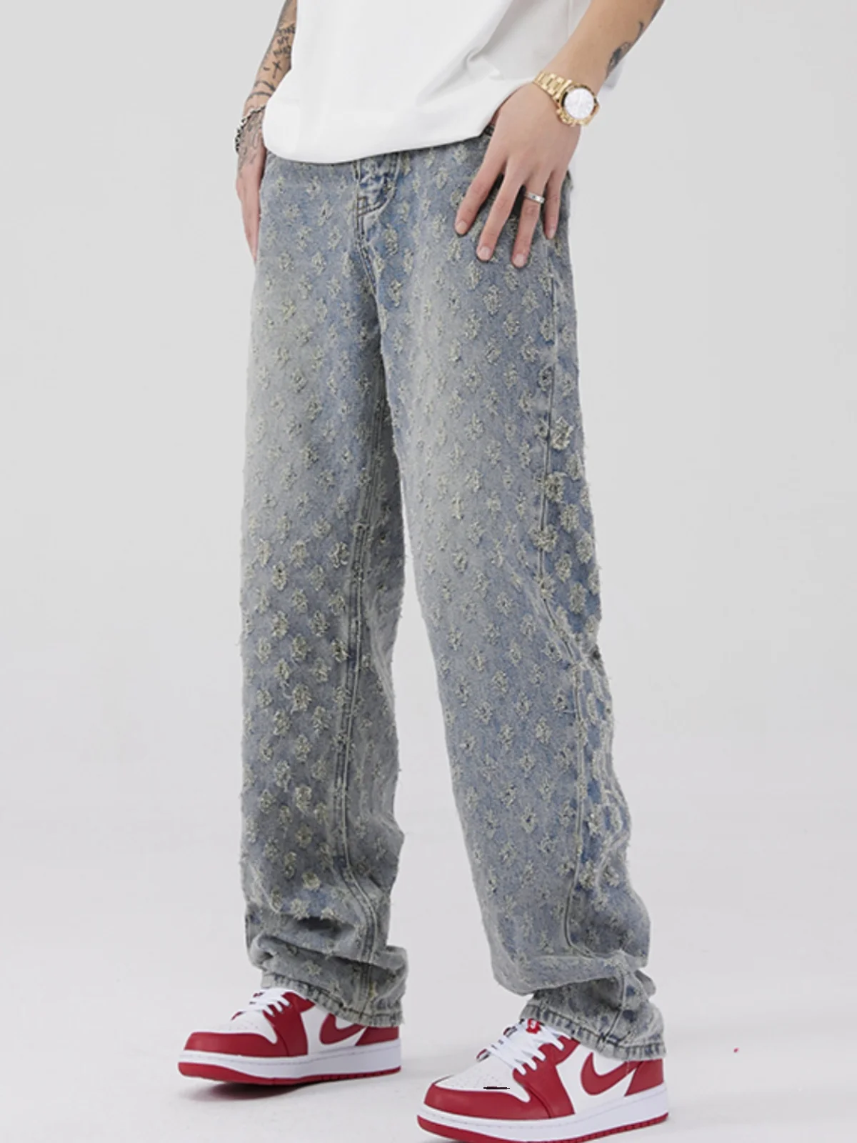 

Мужские джинсы в стиле хип-хоп с широкими штанинами, повседневные, износостойкие, с эффектом окрашивания и печати, вышивкой, средней посадкой, на молнии, прямого кроя.