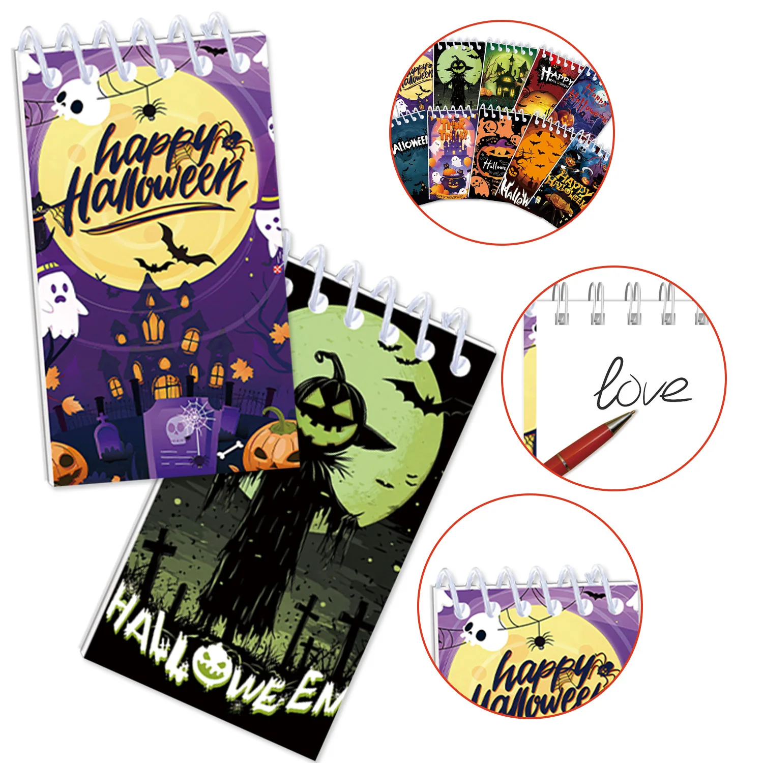 10 Uds. Mini libretas de Halloween, Mini cuadernos en espiral para vacaciones, patrón de Casa Encantada de fantasma de calabaza para niños, fiesta de Halloween