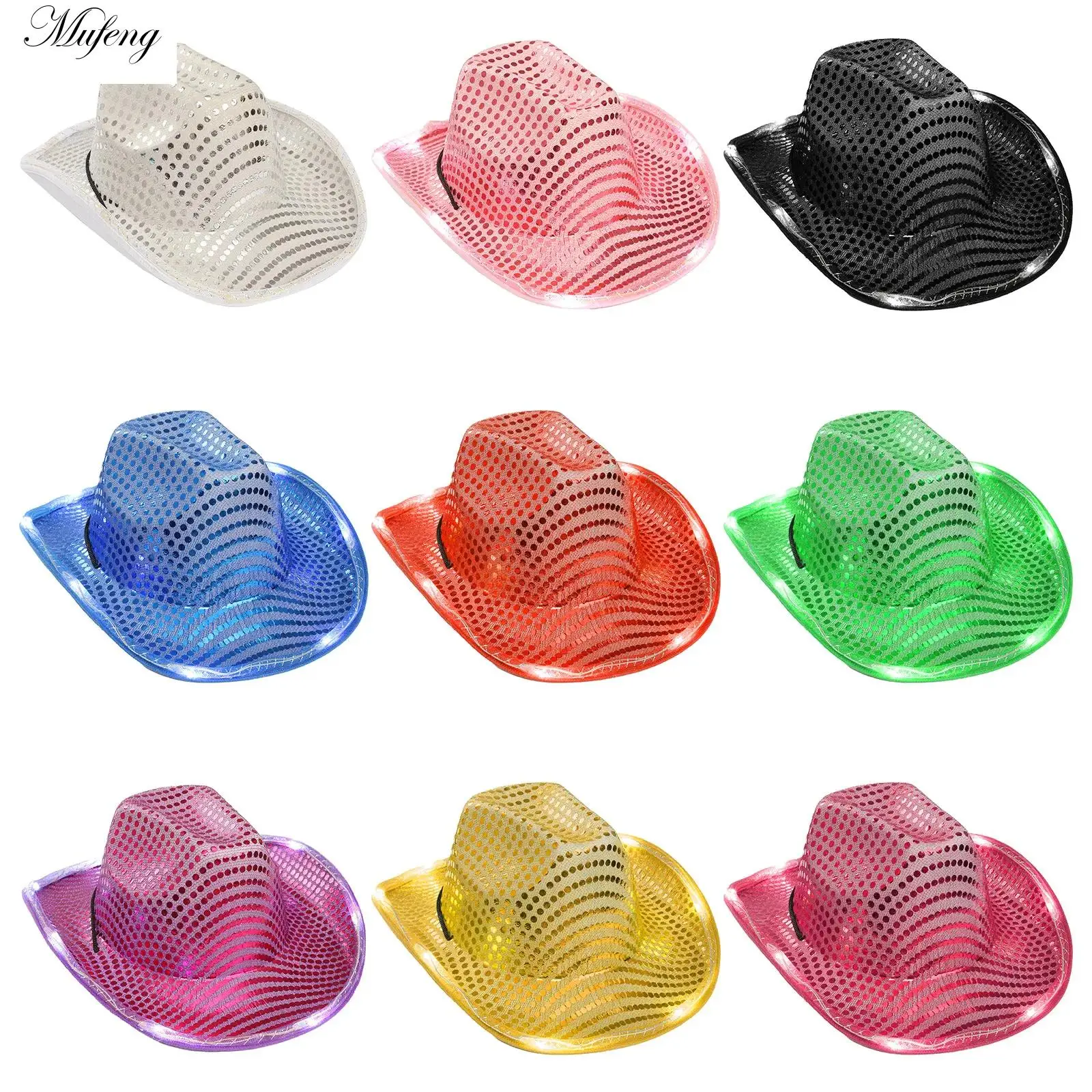 1Pcs Unisex Jazz Hat Shiny Sequins Hat LED Luminous Colorful Cowboy Hat Adjustable Drawstring Lights Cap Raves Dance Party Decor