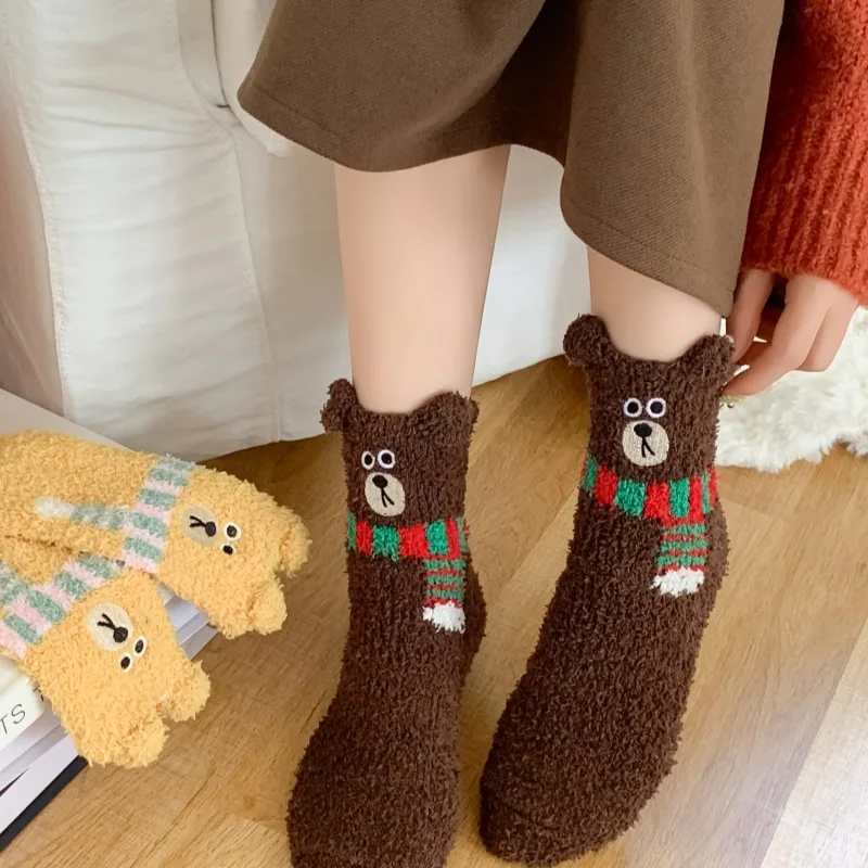 Fluffy sweet Socks Women Cute Winter Ladies Floor Slippers Socks Warm Plush Comfy Cartoon Bear Animal Fuzzy Kawaii Funny Sock
