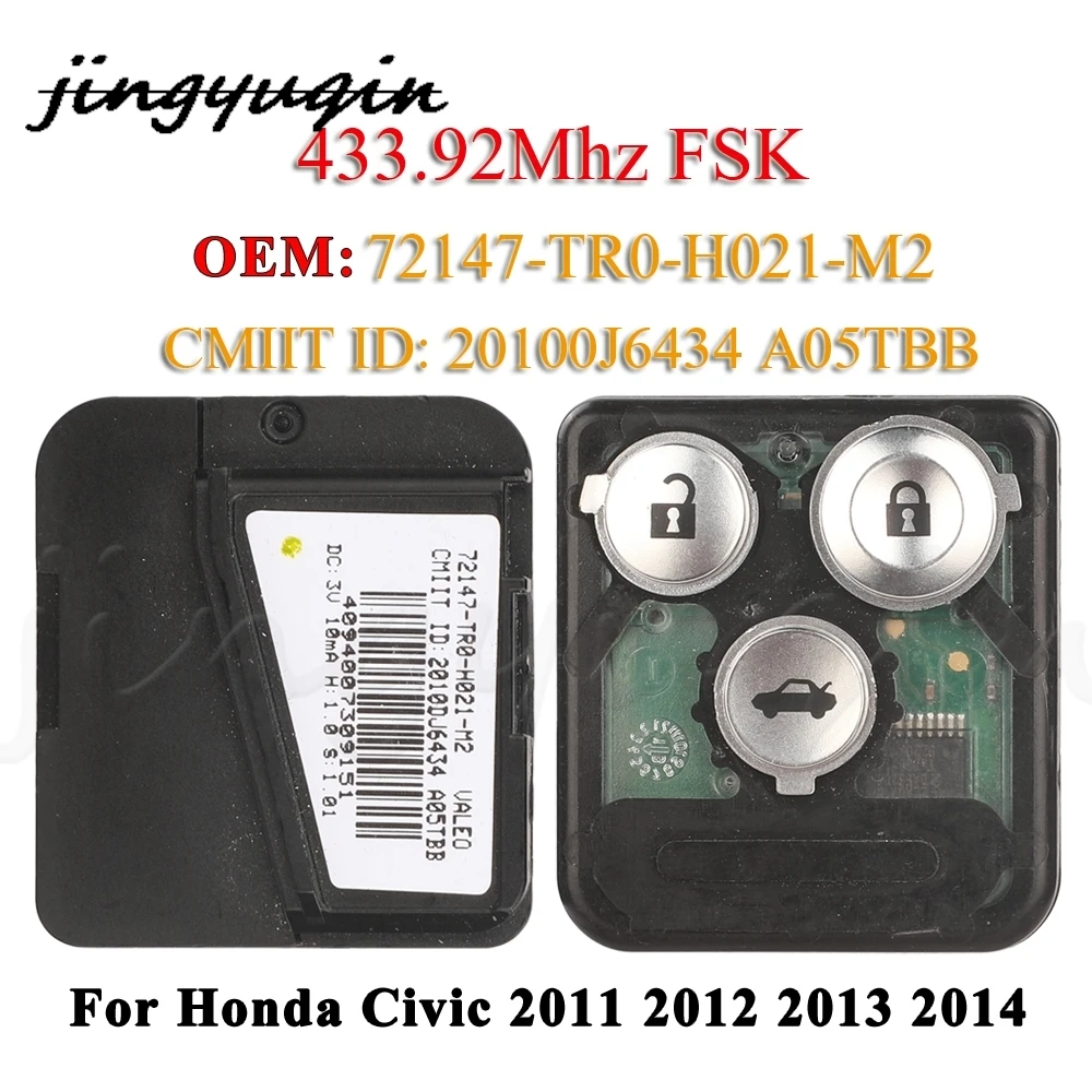 

jingyuqin OEM 72147-TR0-H021-M2 Remote Circuit Board FSK 433.92MHz Fob for Honda Civic 2011 2012 2013 2014 3BTN Car Key A05TBB