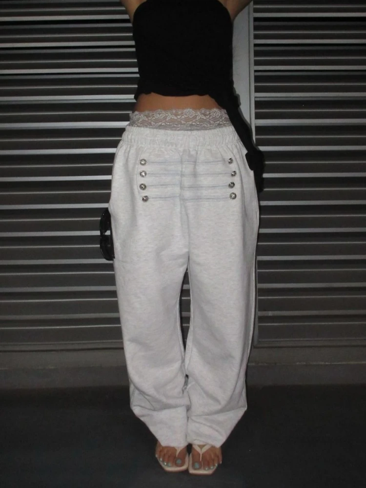 Women Elastic High Waist Sweat Joggers Heather Grey Double Side Metal Buttons Design Loose Fit Cuffed Ankle Casual Lounge Trouse