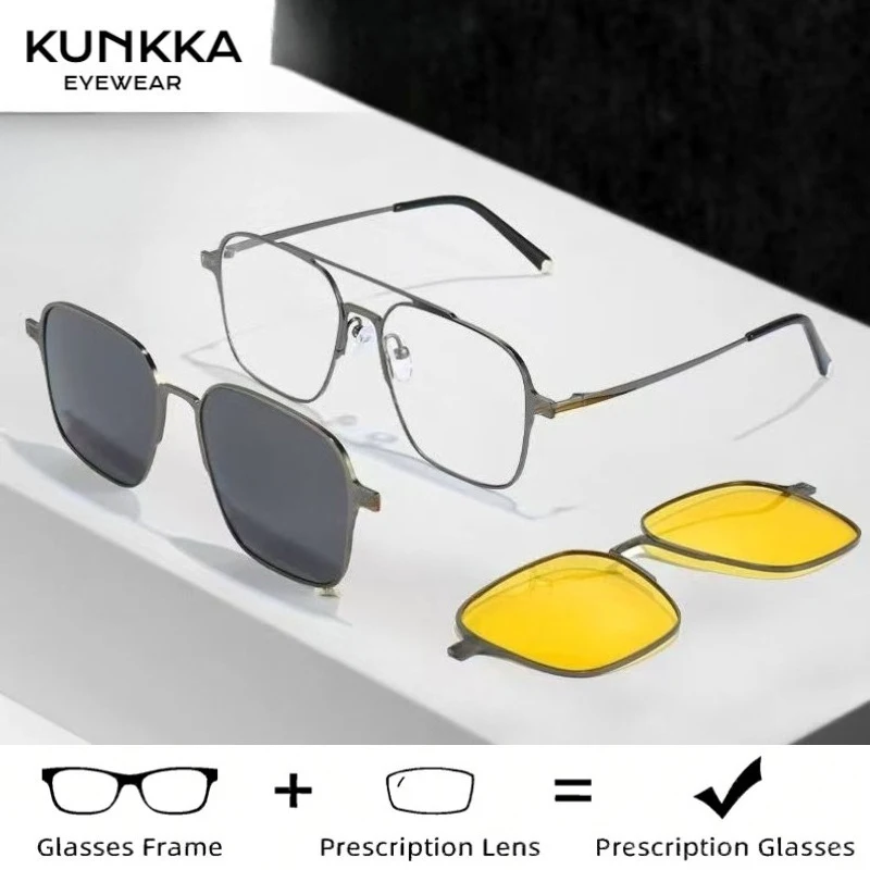 KUNKKA Metal 3 in 1 New Style Magnet Clip on Prescription Glasses Trend Polarized Sunglasses for Men Optical Glasses Frame 8001