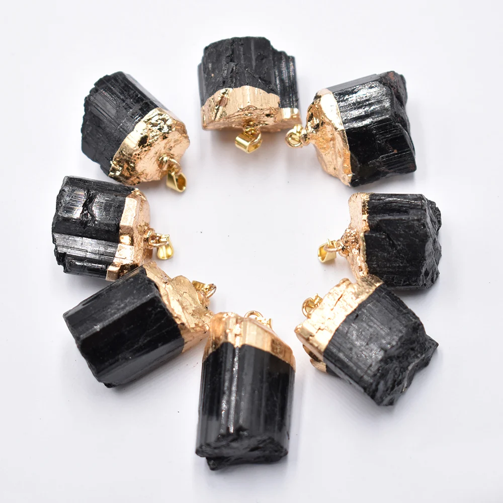 Wholesale 8pcs/lot Fashion Natural Stone Black tourmaline gold Colour plate irregular Pendants Jewelry Making free shipping