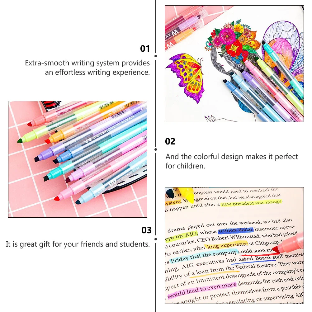 10 Pcs Erasable Highlighter Highlighters Pastel Liquid Marker Pens Double Head Double-end Plastic Writing Colorful Student Use