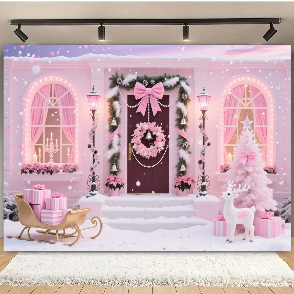 Décoration de noël 2020, arrière-plan de photographie rose, Photo de noël, couronne rose, nœud, traîneau de cerf, accessoires cadeaux
