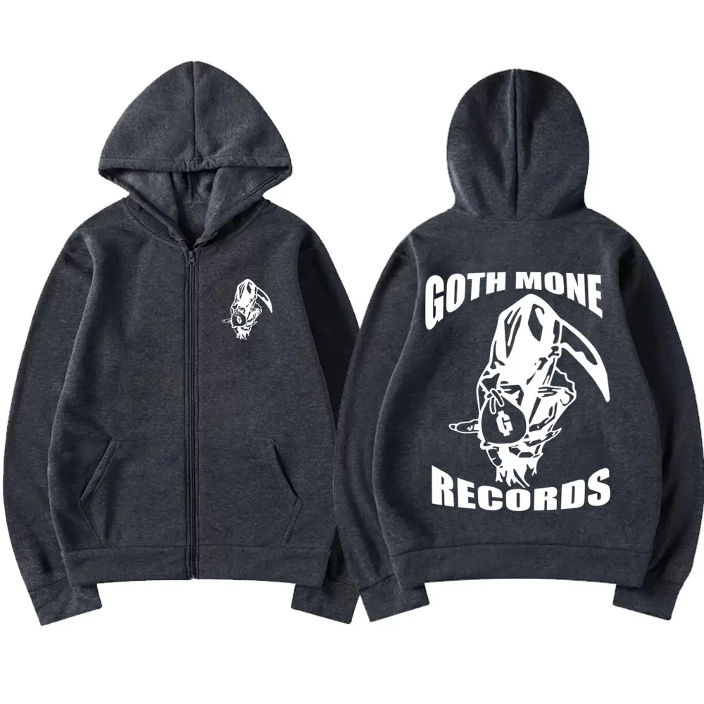 Goth Money Records Skull Graphic Zipper Hoodie Men Vintage Rock Gothic Zipper Sweatshirt Male Hip Hop Oversized  Zip Up Jacket